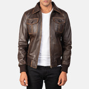 
Aaron Distressed Brown Leather Bomber Jacket in Brown Goatskin Leather - Вид спереди и приталенный силуэт | Купить в официальном онлайн-магазине