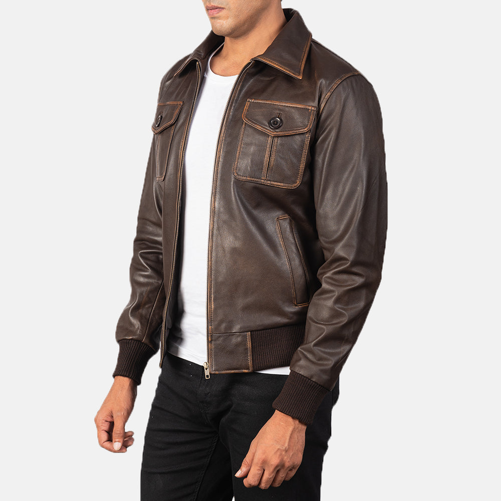 
Brown Goatskin Leather Bomber Jacket - Вид сзади, подчеркивающий посадку по плечам и ровный край