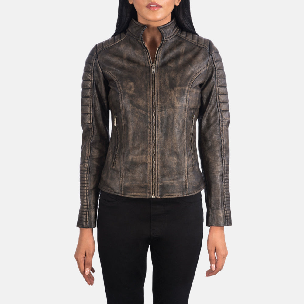 
Крупный план деталей of Band & Zipper Hardware on Adalyn Стеганый Distressed Коричневый Кожаная куртка-косуха для Женщин