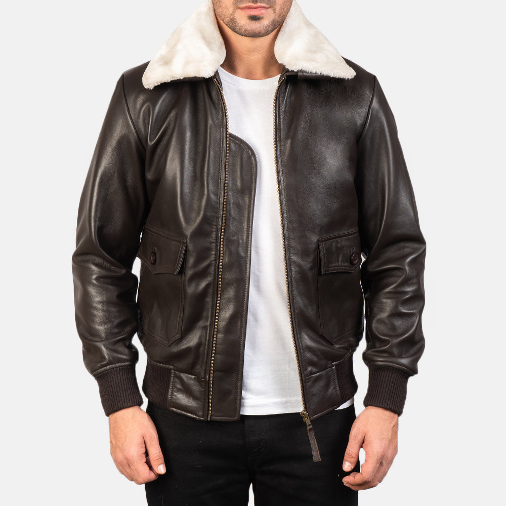 
Airin G-1 Коричневый Кожаный бомбер для Мужчин in Brown Sheepskin Leather - Вид спереди и приталенный силуэт | Купить в официальном онлайн-магазине