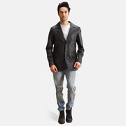 Alyson Black Leather Blazer - Lateral Side Profile View Showing Sleeve Cut &amp; Athletic Taper Fit