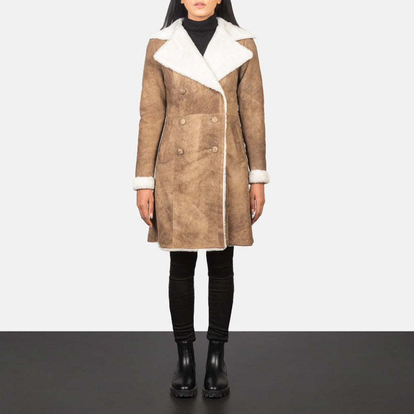 Amie Distressed Коричневый Double-Breasted Shearling Кожаное пальто для Женщин