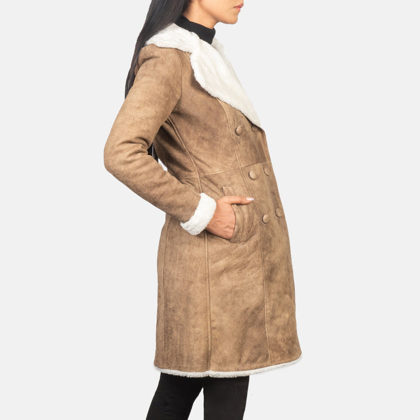 Amie Distressed Коричневый Double-Breasted Shearling Кожаное пальто для Женщин
