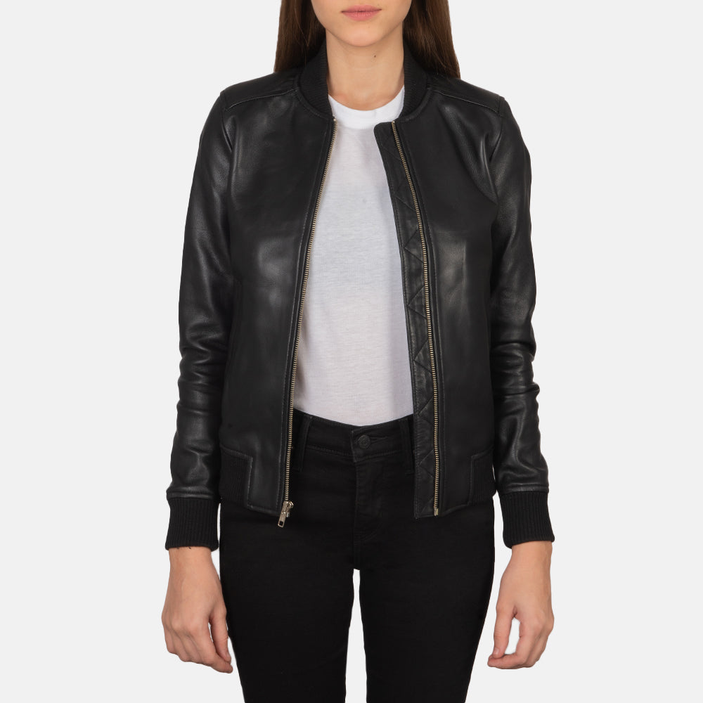 Women's Bliss Black Leather Bomber Jacket in Black Sheepskin Leather - Front Profile View &amp; Tailored Silhouette | Buy Online