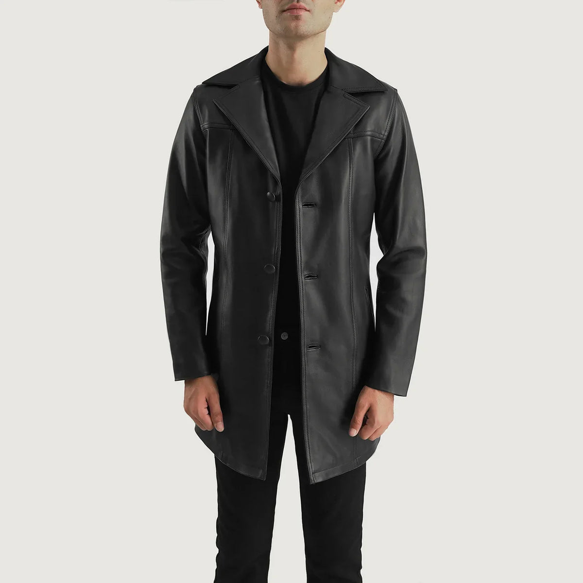 
Brawnton Черный Кожаное пальто для Мужчин in Black Cowhide Leather - Вид спереди и приталенный силуэт | Купить в официальном онлайн-магазине