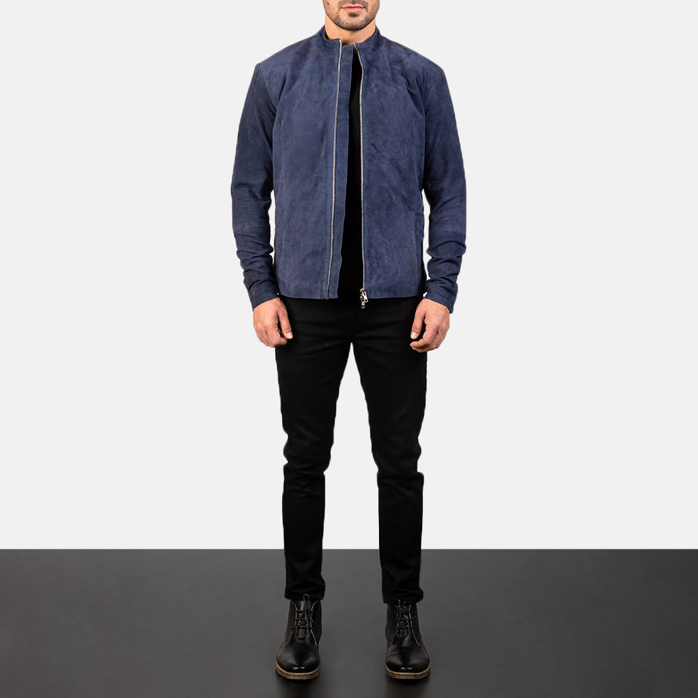 Men's Charcoal Navy Blue Suede Biker Jacket - Lateral Side Profile View Showing Sleeve Cut &amp; Athletic Taper Fit