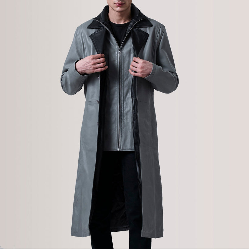 Charlton Grey Leather Single Breasted Кожаное пальто мужская