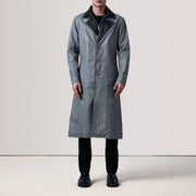
Charlton Grey Leather Single Breasted Кожаное пальто для Мужчин - Вид сзади, подчеркивающий посадку по плечам и ровный край