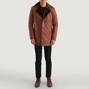 Men's Cinnamon Brown Leather Fur Coat - Lateral Side Profile View Showing Sleeve Cut & Athletic Taper Fit