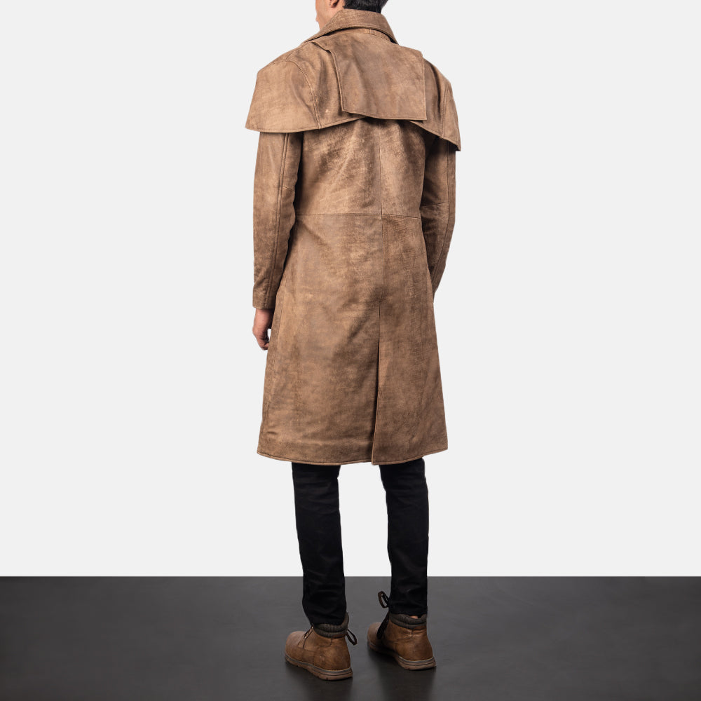 Men's Classic Brown Leather Duster - Lateral Side Profile View Showing Sleeve Cut &amp; Athletic Taper Fit