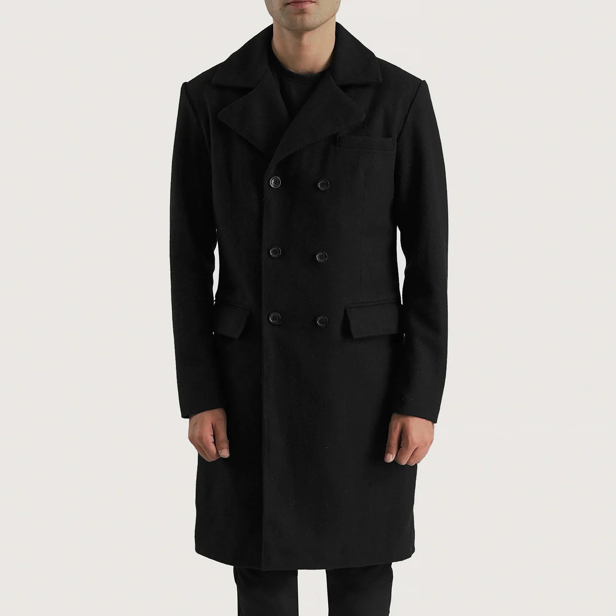
Claud Black Wool Double Breasted Coat in Black Synthetic Wool - Вид спереди и приталенный силуэт | Купить в официальном онлайн-магазине