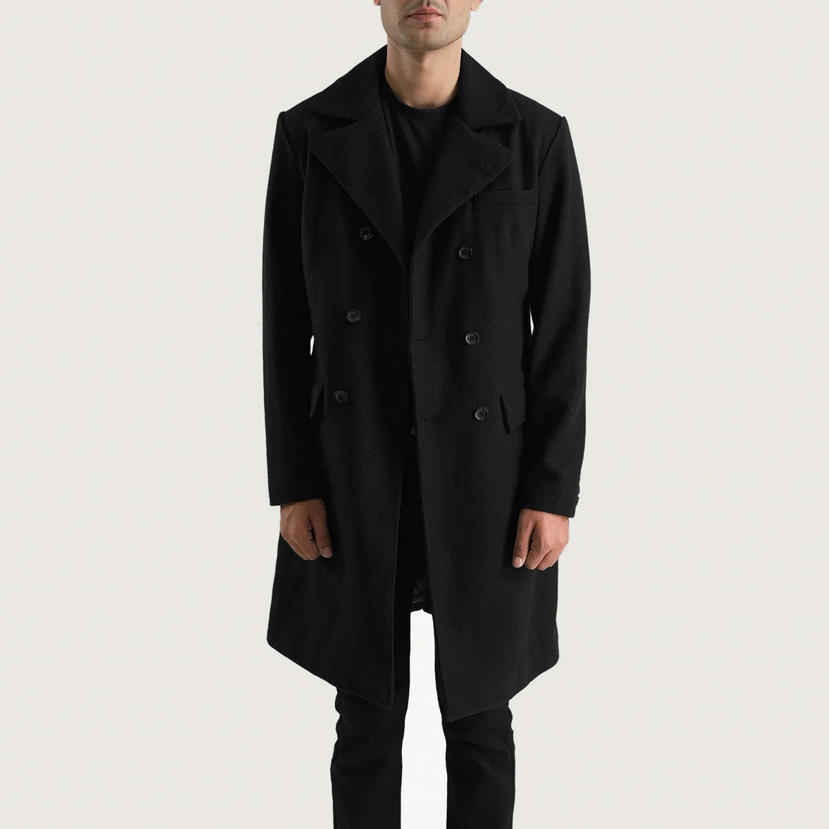 
Крупный план деталей of Notch & Button Hardware on Claud Black Wool Double Breasted Coat