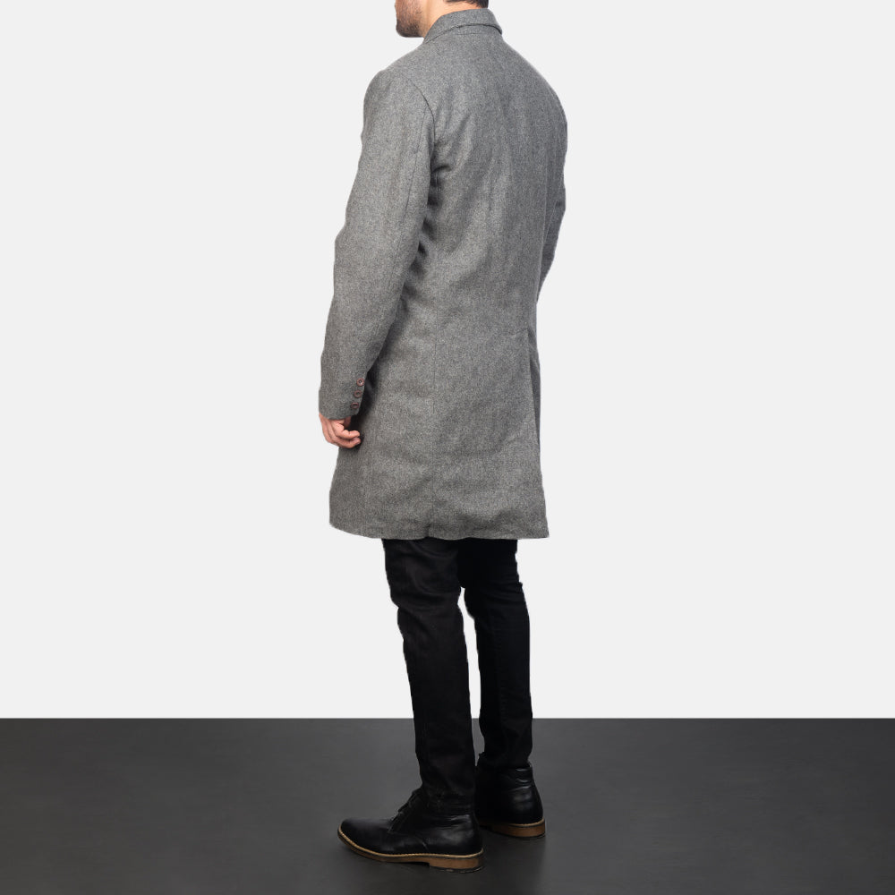 Close-Up Detail of Notch &amp; Button Hardware on Men's Claud Grey Wool Double Breasted Coat