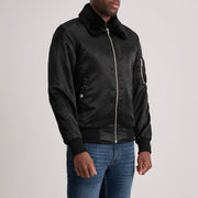 Black Satin Bomber Jacket - Back View Showing Tailored Shoulder Fit & Clean Hemline