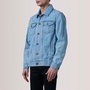 
Conard Light Синий Denim Trucker Кожаная куртка для Мужчин For Men - Вид сбоку, демонстрирующий эргономичный крой рукава