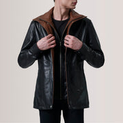 
Connor Black Leather Coat For Men in Black Sheepskin Leather - Вид спереди и приталенный силуэт | Купить в официальном онлайн-магазине
