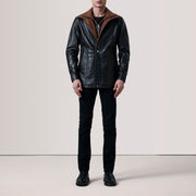 
Black Sheepskin leather Coat - Вид сзади, подчеркивающий посадку по плечам и ровный край