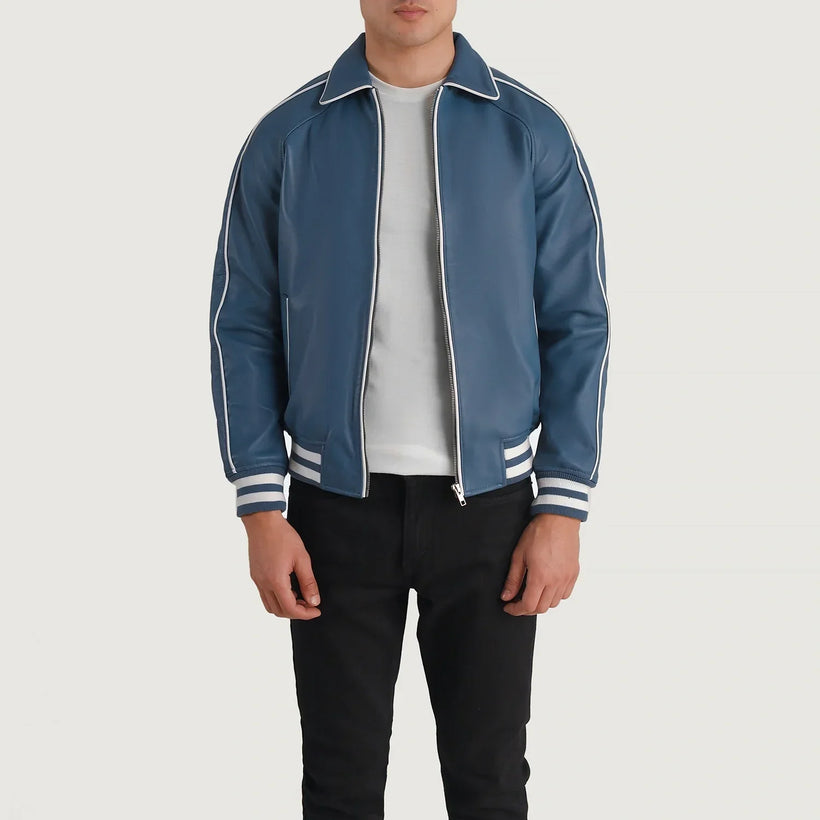 Cooper Синий Leather Varsity Кожаная куртка для Мужчин