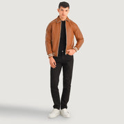 
Cooper Рыжий Коричневый Leather Varsity Кожаная куртка для Мужчин in Tan Brown Sheepskin Leather - Вид спереди и приталенный силуэт | Купить в официальном онлайн-магазине