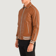 
Tan Brown Sheepskin Leather Varsity Jacket - Вид сзади, подчеркивающий посадку по плечам и ровный край