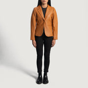 Women's Cora Quilted Brown Leather Blazer - Lateral Side Profile View Showing Sleeve Cut &amp; Athletic Taper Fit