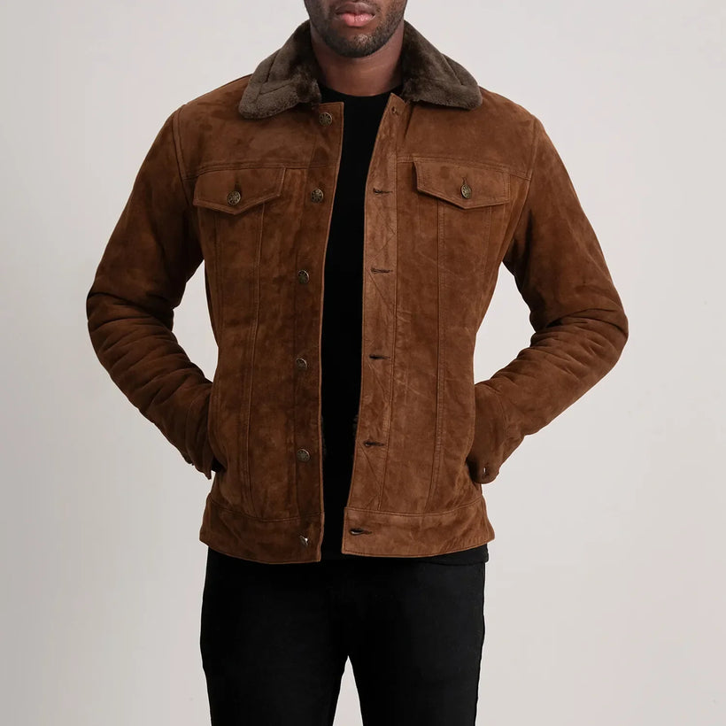 Dallis Коричневая Suede Shearling Trucker Кожаная куртка мужская
