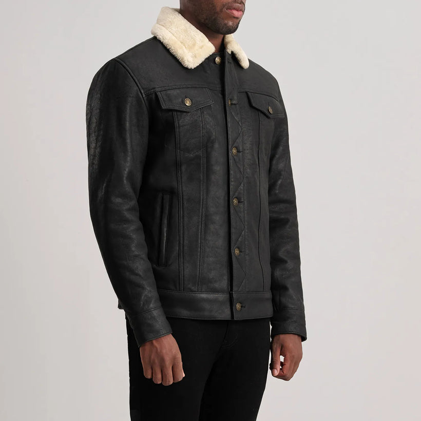 Dallis Distressed Черная Leather Shearling Trucker Кожаная куртка мужская