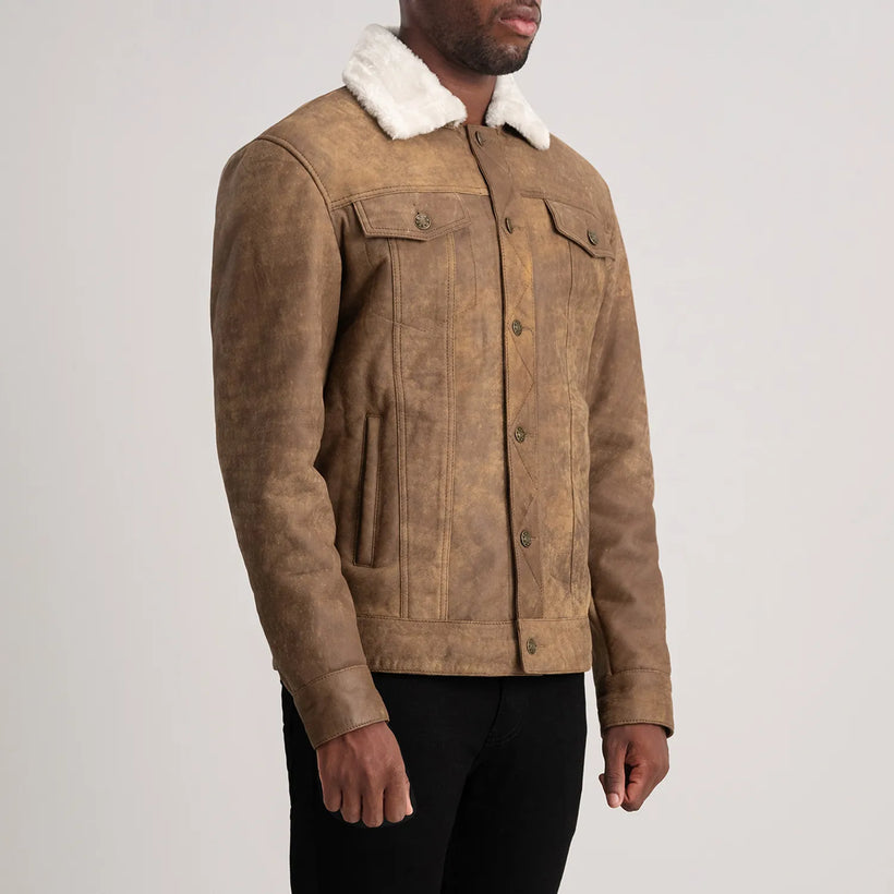 Dallis Distressed Коричневая Leather Shearling Trucker Кожаная куртка мужская