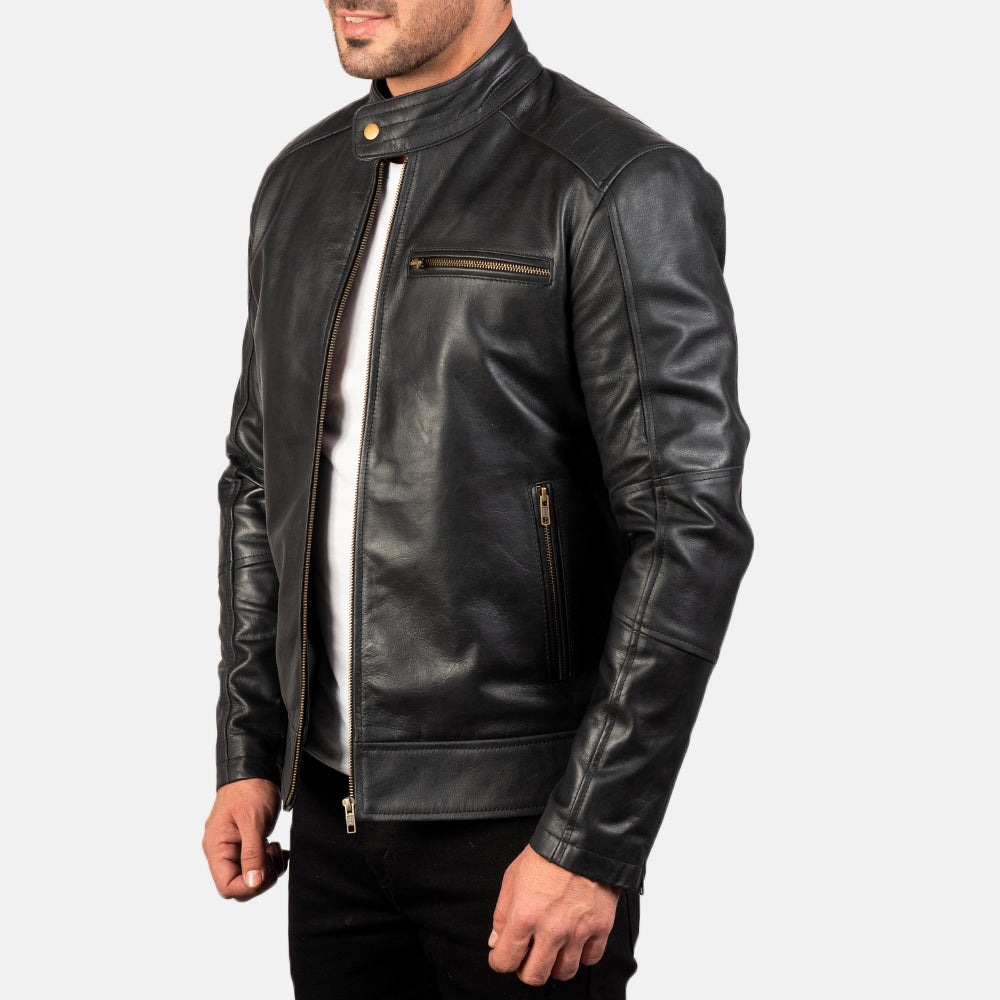 Black Cow Hide Leather Biker Jacket - Back View Showing Tailored Shoulder Fit &amp; Clean Hemline