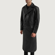 
Black Cowhide leather Coat - Вид сзади, подчеркивающий посадку по плечам и ровный край