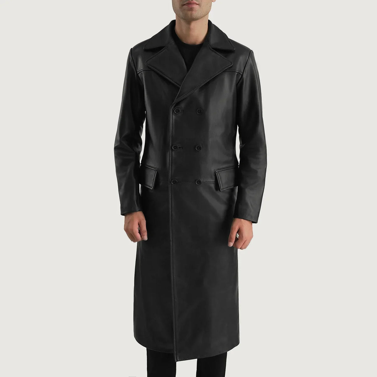 
Крупный план деталей of Notch & Button Hardware on Delmar Black Leather Double Breasted Coat