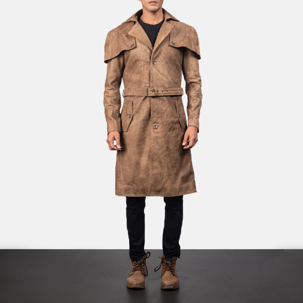 
Крупный план деталей of Classic Collar & Buttons + Belt Hardware on Deux Коричневый Leather Duster для Мужчин