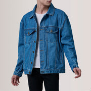 
Eddie Dark Синий Oversized Denim Trucker Кожаная куртка для Мужчин For Men in Dark Blue Full-Grain Leather - Вид спереди и приталенный силуэт | Купить в официальном онлайн-магазине