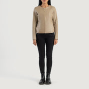 
Elixir Beige Collarless Leather Jacket - Вид сбоку, демонстрирующий эргономичный крой рукава