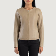 
Крупный план деталей of Collarless & Zipper Hardware on Elixir Beige Collarless Leather Jacket