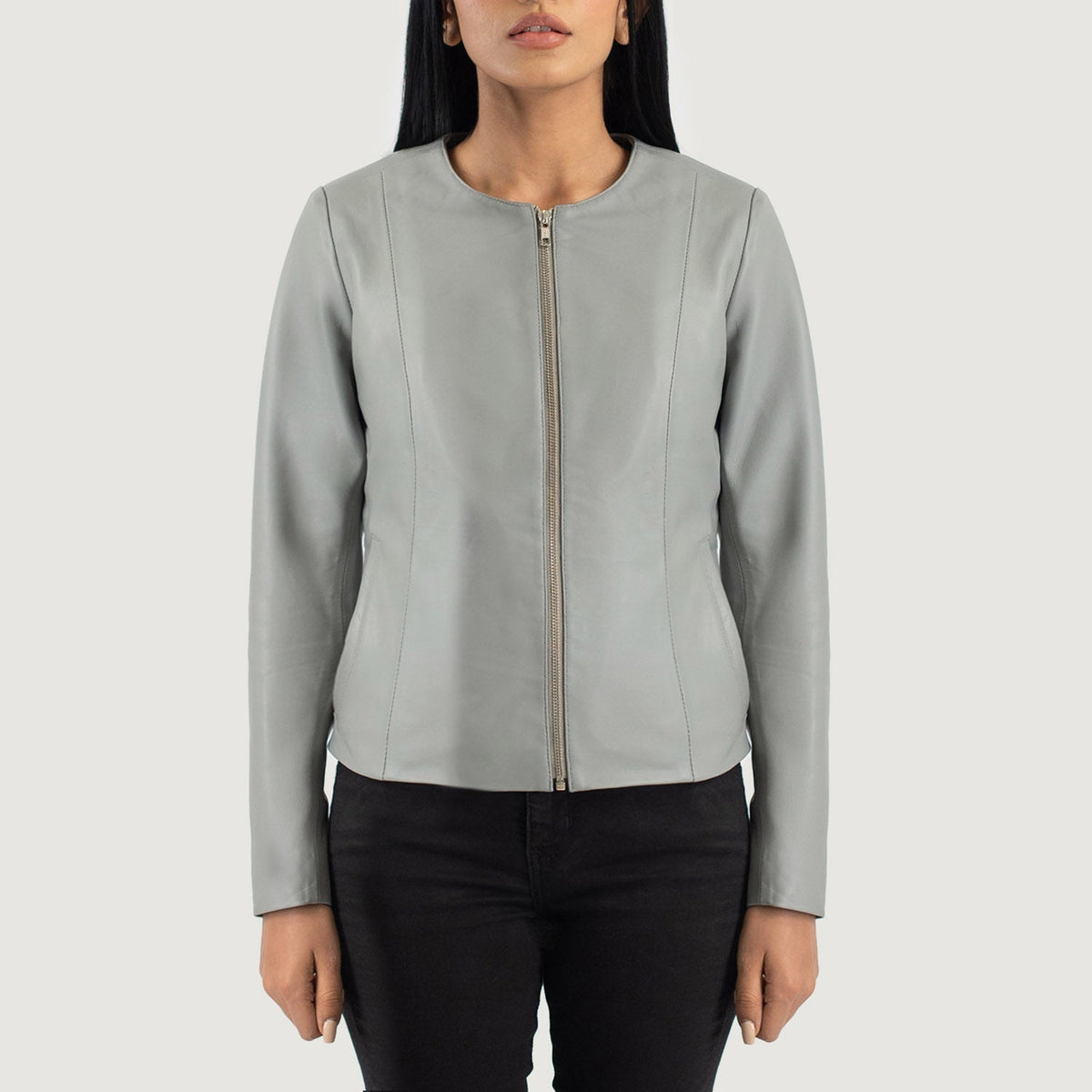 
Open Hem & Hem Craftsmanship Construction Detail on Elixir Beige Collarless Leather Jacket