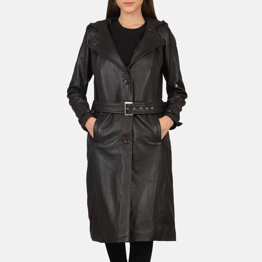 
Fixon Hooded Коричневый Кожаный тренчкот для Женщин in Brown Sheepskin Leather - Вид спереди и приталенный силуэт | Купить в официальном онлайн-магазине