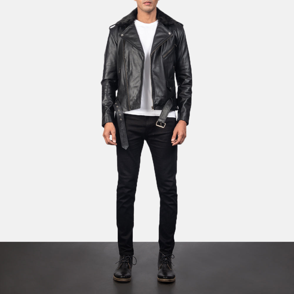 
Furton Black Leather Biker Jacket - Вид сбоку, демонстрирующий эргономичный крой рукава