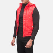 
Red Nylon Leather Vest - Вид сзади, подчеркивающий посадку по плечам и ровный край