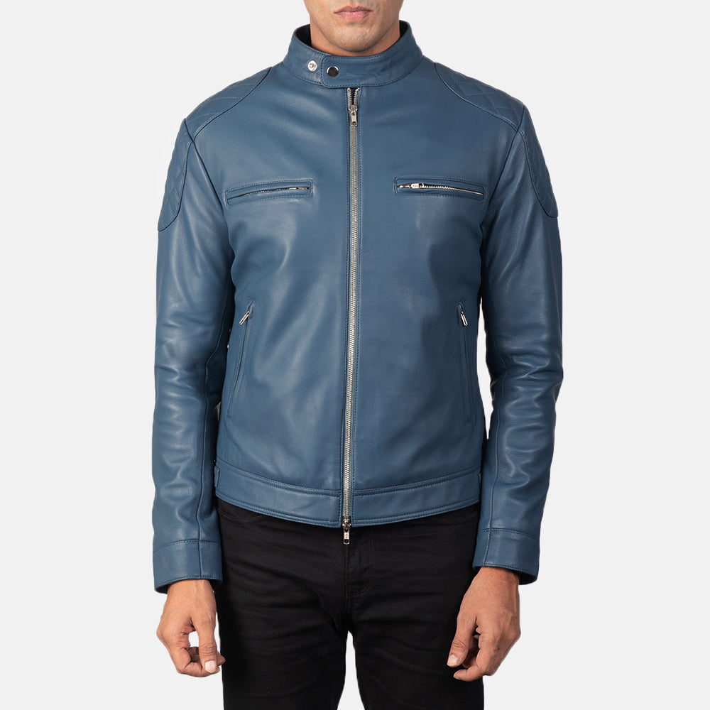 
Gatsby Quilted Blue Leather Biker Jacket - Вид сбоку, демонстрирующий эргономичный крой рукава