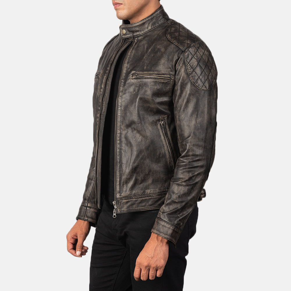 
Distressed Brown Goatskin Leather Biker Jacket - Вид сзади, подчеркивающий посадку по плечам и ровный край