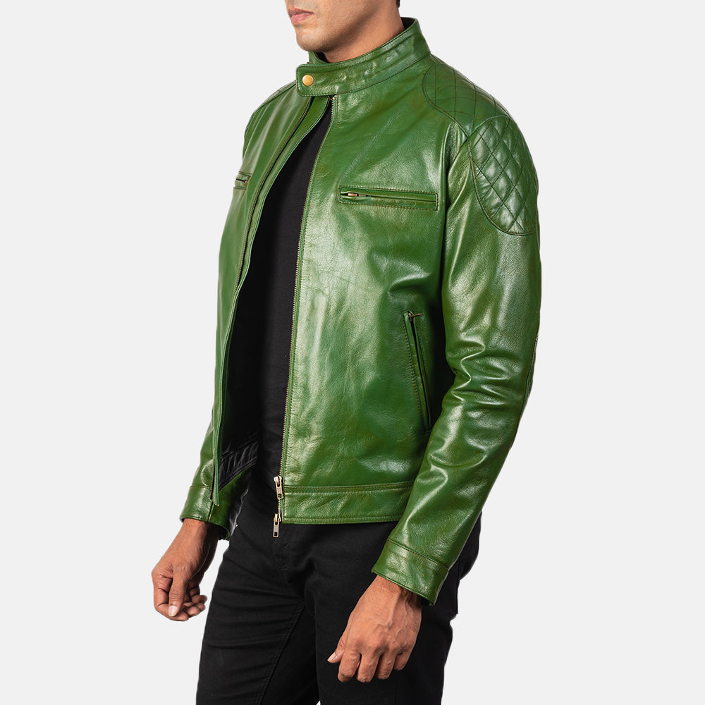 
Green Sheepskin Burnishing Biker Jacket - Вид сзади, подчеркивающий посадку по плечам и ровный край