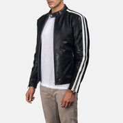 Black &amp; White Cowhide Leather Biker Jacket - Back View Showing Tailored Shoulder Fit &amp; Clean Hemline