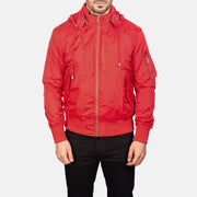 
Крупный план деталей of Knit Rib with Removable Nylon Hood & Zipper Hardware on Hanklin Ma-1 Red Hooded Bomber Jacket