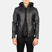 Hector Черная Hooded Кожаная косуха мужская in Black Cowhide Leather - Вид спереди и приталенный силуэт | Купить онлайн