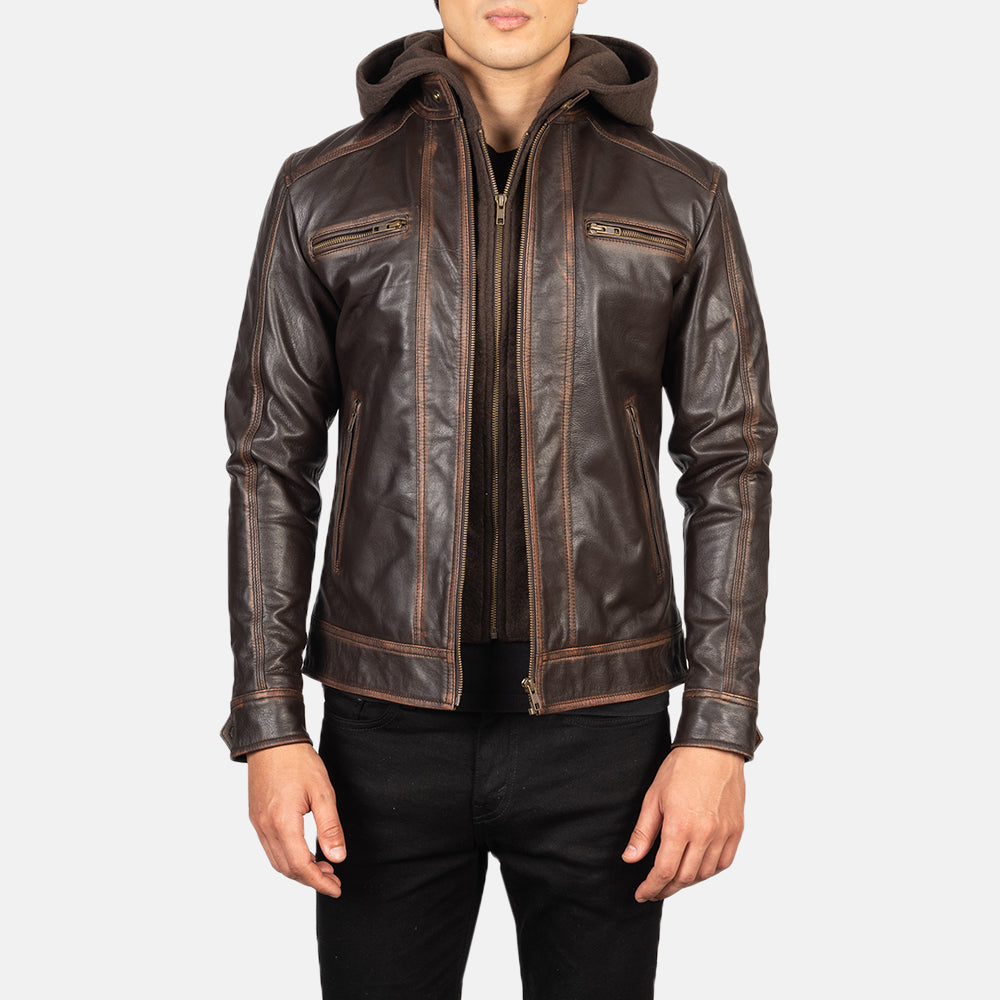 
Hector Vintage Коричневый Hooded Кожаная куртка-косуха для Мужчин in Vintage Brown Goatskin Leather - Вид спереди и приталенный силуэт | Купить в официальном онлайн-магазине