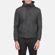 
Крупный план деталей of High Neck with Hood & Zipper with wind flap Hardware on Jimmy Черный Hooded Windbreaker Кожаная куртка для Мужчин
