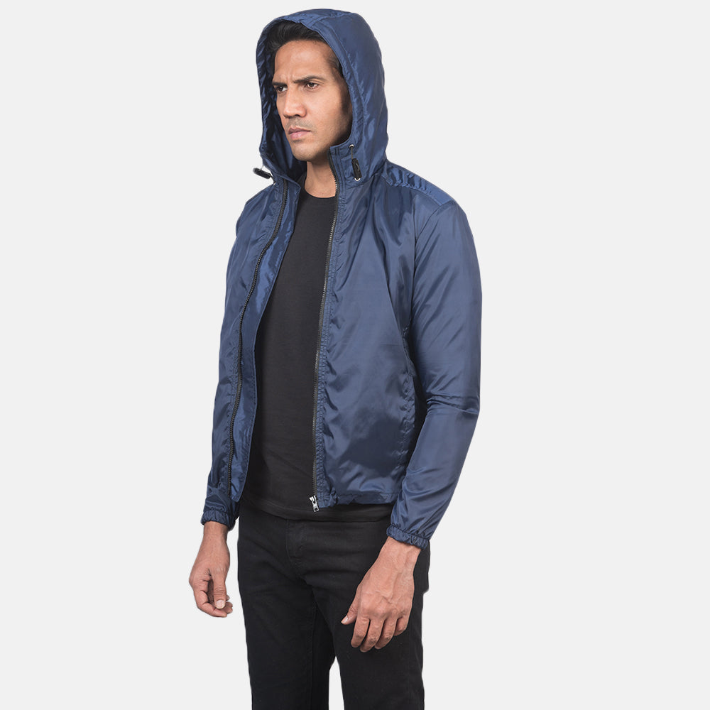 Крупный план деталей of High Neck with Hood & Zipper with wind flap Hardware on Jimmy Blue Hooded Windbreaker Jacket