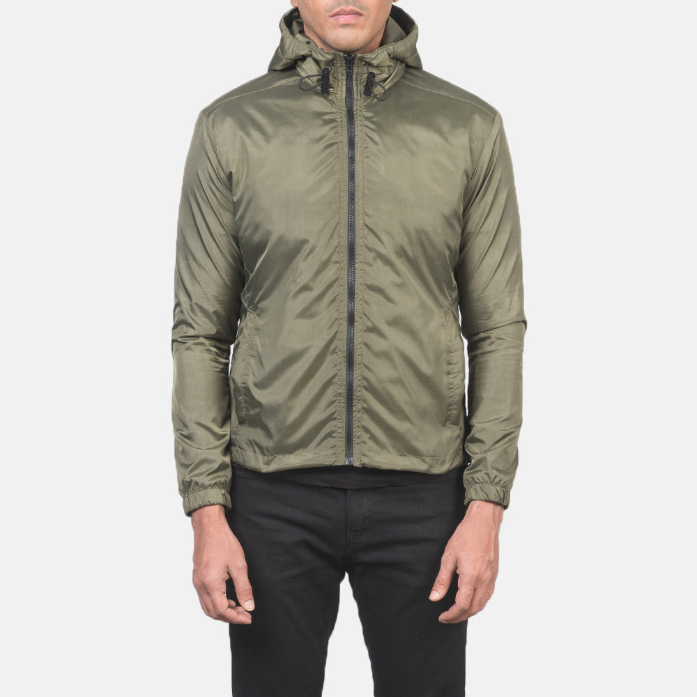 
Крупный план деталей of High Neck with Hood & Zipper with wind flap Hardware on Jimmy Оливковый Hooded Windbreaker Кожаная куртка для Мужчин