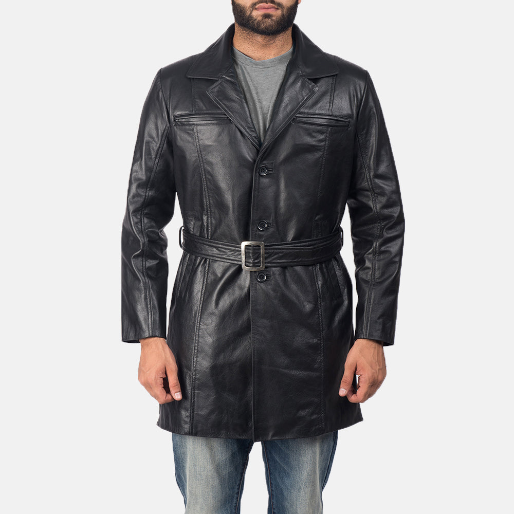 
Jordan Черный Кожаное пальто для Мужчин in Black Cowhide Leather - Вид спереди и приталенный силуэт | Купить в официальном онлайн-магазине